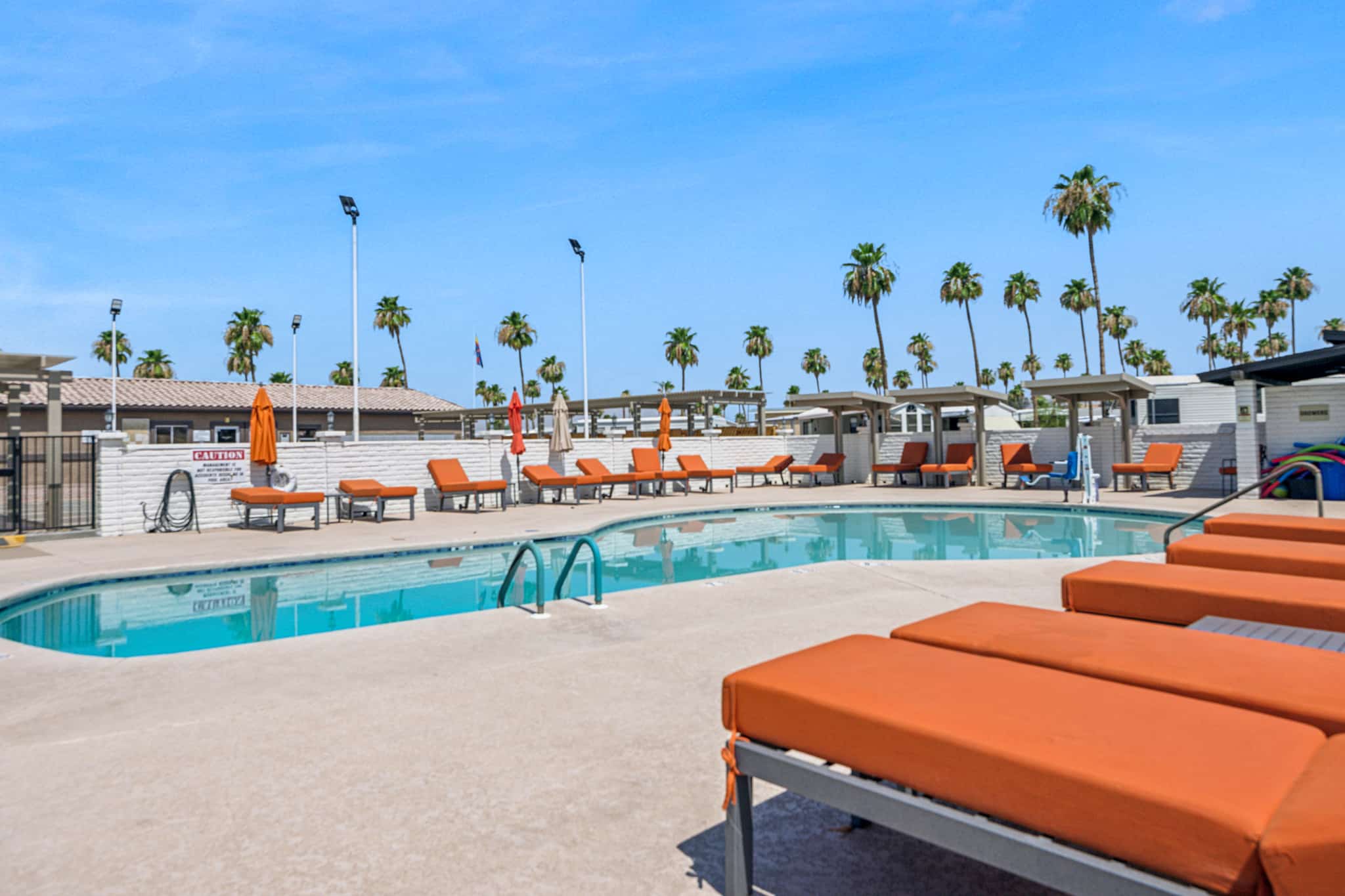 Close-up of a pool with orange lounge chairs and umbrellas, surrounded by palm trees under a sunny sky in apache junction az