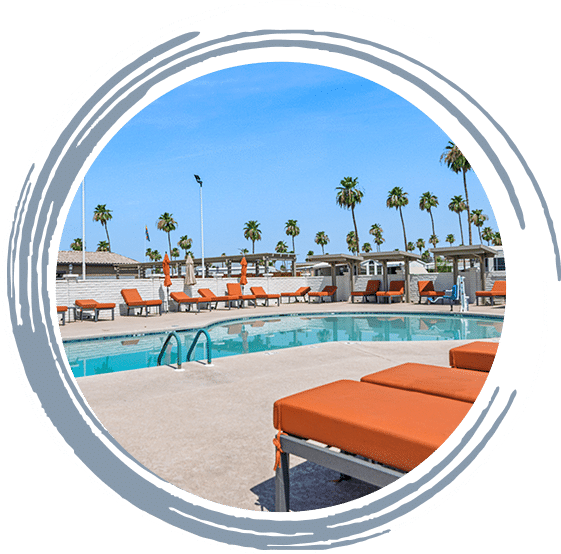 A circular frame showing a pool with orange lounge chairs and umbrellas, surrounded by palm trees under a clear blue sky in apache junction az
